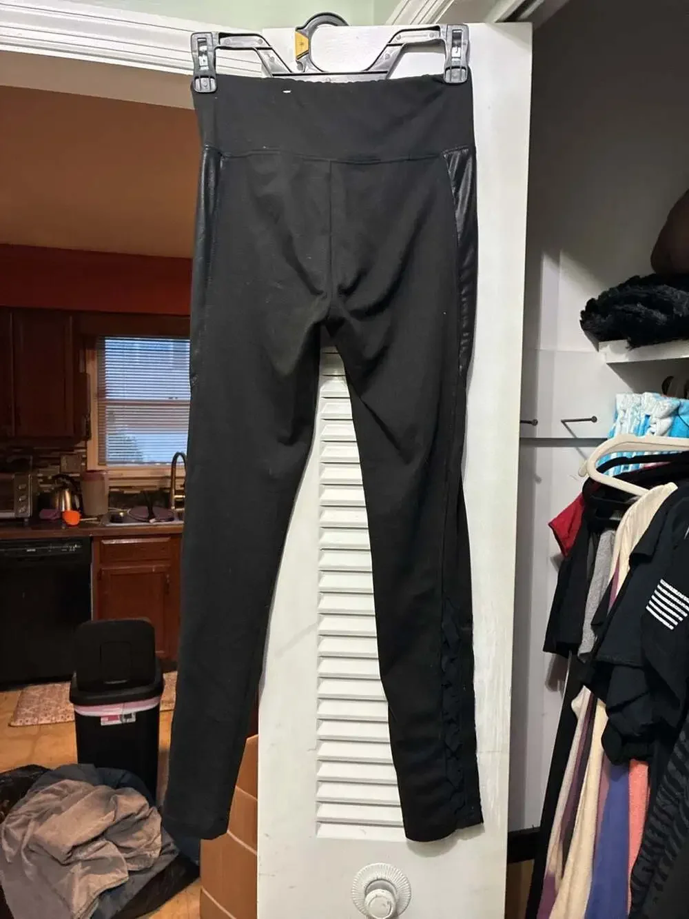 Justice Active Girls Black Leggings with Faux Leather Side Panels and Mesh Latti